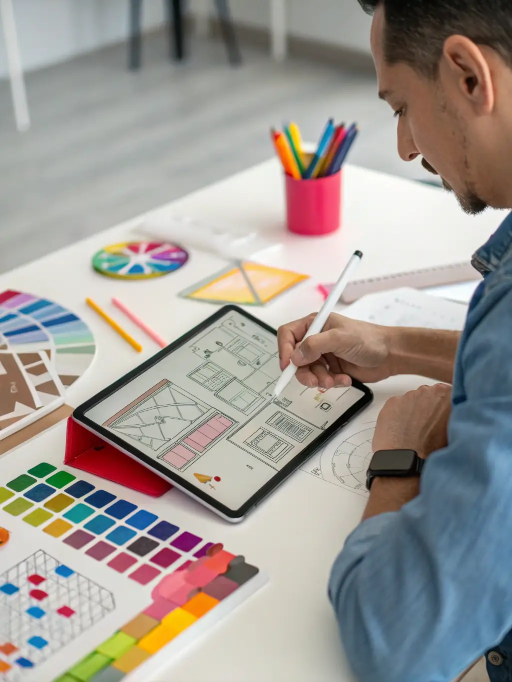 A digital illustration of a graphic designer working on a tablet, creating a digital artwork with various design tools and a vibrant color palette.