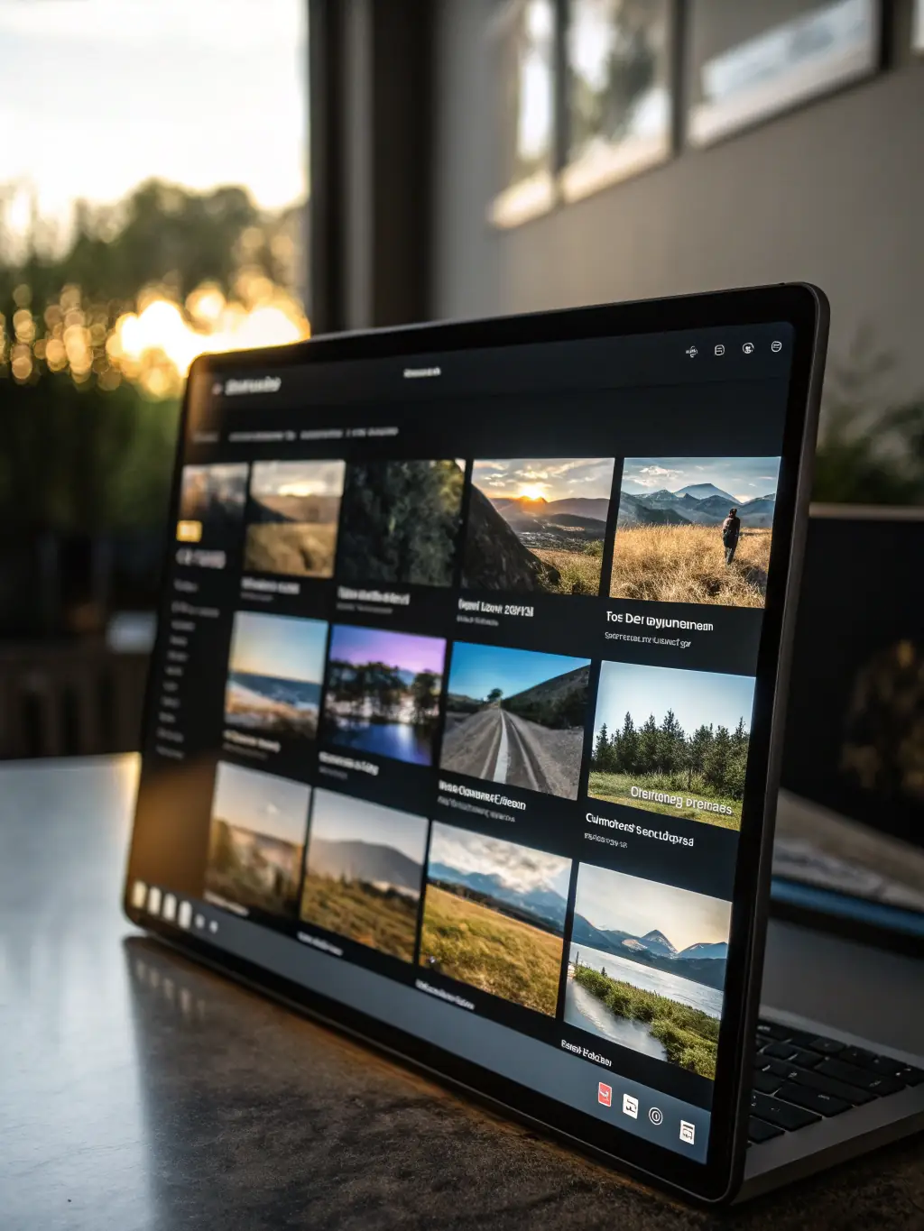 A digital painting of a sleek, modern website interface showcasing a digital art portfolio with a grid layout, emphasizing visual appeal and user-friendly navigation.